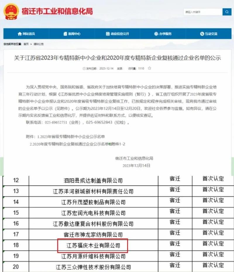 Fuxing Wood Industry Awarded the Title of 2023 Jiangsu Province Specialized and New ''Little Giant'' Enterprise
